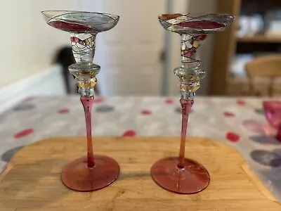 Buy PAIR OF COLOURED GLASS ORNATE DESIGNER CANDLESTICKS 25cm BEAUTIFUL DISPLAY ITEMS • 4.99£