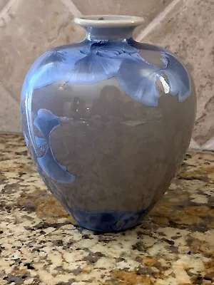 Buy 5  Hand Made, Glazed, Lusterware Pottery Vase Blue Periwinkle Flowers On Gray • 22.71£