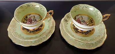 Buy Vintage Ashley Bone China Cup, Saucer & Side Plate X 2, Green Intertior 22K Gilt • 50£