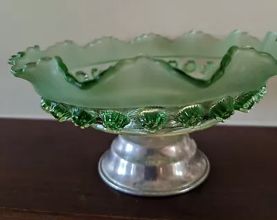 Buy Davidson Art Deco Vintage Green Glass Bowl On A Metal Stand Blackberry Prunt • 8.99£