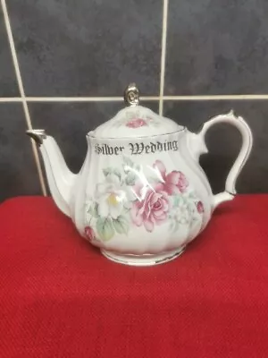 Buy Sadler Made In England Pretty Floral Silver Wedding Commemorative Fluted Teapot  • 25.99£
