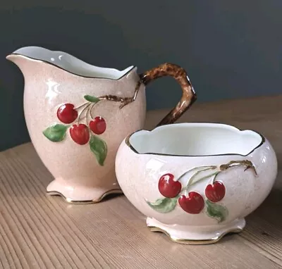 Buy Vintage Royal Winton Cherry Gilt Spongeware Milk Jug & Sugar Bowl Ceramic 40s • 16£