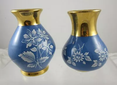 Buy Prinknash Pottery - Pair Small Blue And Gold Vases With Delicate Floral Design • 15£