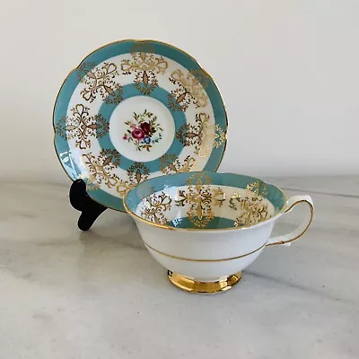 Buy Vintage Royal Grafton Harlequin China Cup & Saucer Teacup Aqua & White Floral • 14.99£