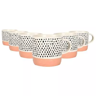 Buy 6x Dipped Dotty Stoneware Coffee Mugs Large Rustic Tea Cups Set 385ml Pink • 18£