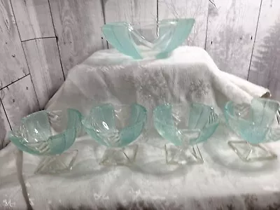 Buy Sowerby 1950- 1960 Chevron Frosted Glass Turquoise  Chevron Dessert Bowl Set. • 19.99£