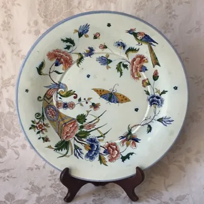 Buy Large Antique FRENCH GIEN PLATE/CHARGER Cornucopia Bird Butterfly Vtg Pottery • 88.53£