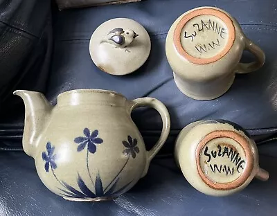 Buy Studio Stoneware Pottery Tea Pot Flowers & Bird Lid & Mugs By Suzanne W.W, VGC • 25£