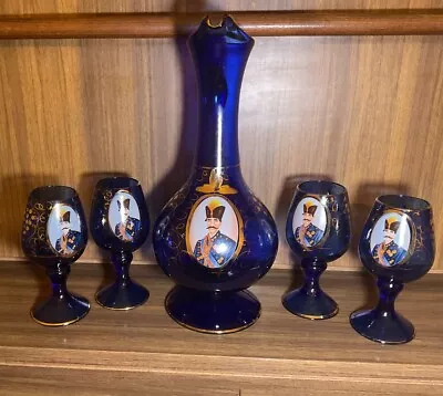 Buy Vintage Cobalt Blue Bohemian/Czech Shah Of Persia Glass Jug + 4 Wine Glasses • 100£