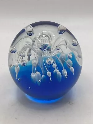 Buy Vintage Blue Clear White Flower/Floating Bubbles Globe Shape  Glass Paperweight • 8£