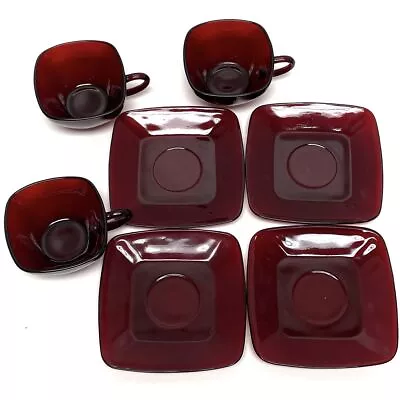 Buy 7pc Anchor Hocking Royal Ruby Glassware Teacup & Saucer Set • 27.95£