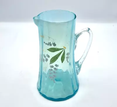 Buy Victorian Glass Jug Bohemia Glass Blue Turquoise Hand Painted Vintage Pitcher • 21.95£