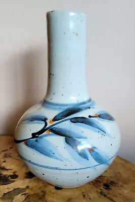 Buy Vintage 1960 Studio Pottery Pale Blue Oriental Watercolour Design Stoneware Vase • 28£