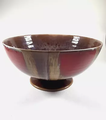 Buy Mid Century Art Studio Pottery Pedestal Bowl Red And Brown Pattern • 22£