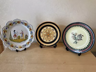 Buy 3 X Henriot Quimper Pottery Plates - Man, Woman Fruit Geometric 9 - 10” • 17.49£