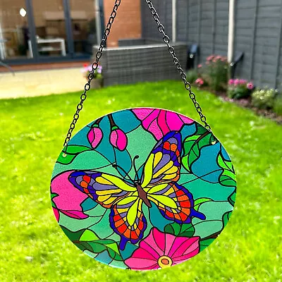 Buy Stained Glass Suncatcher Beautiful Butterfly Floral Hanging Round Garden Decor • 23£