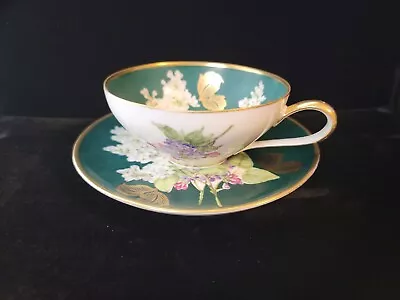 Buy Beautiful KPM Cup & Saucer Set Dogwood Blossoms Green With Gold Highlights • 60.68£