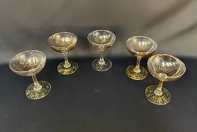 Buy MCM West Virginia Gold Splatter Champagne Coupe Glasses 5 Pc Set 1950's • 121.15£
