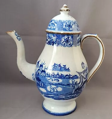 Buy Antique Pearlware Dudson Hunting With Cheetahs Blue & White Coffee Pot C1800-10 • 30£