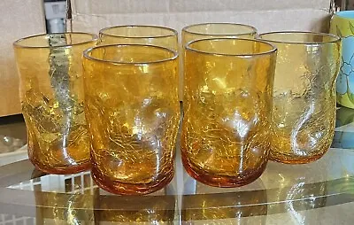 Buy Set Of 6 Blenko Amber Crackle Glass Pinched / Dimpled Tumblers Hand Blown B5 • 135.37£