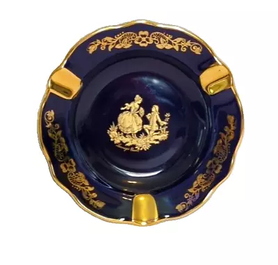 Buy Limoges Castel France Ashtray 22K Cobalt Blue Gold Trinket Dish Courting Scene • 18.59£