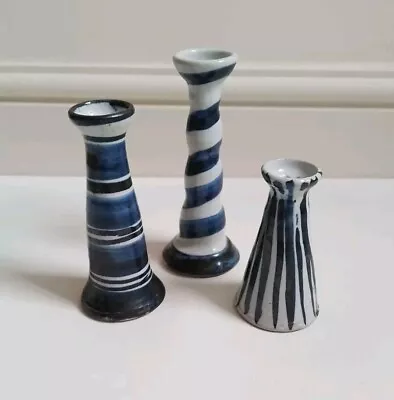 Buy 3 Blue & White Studio Pottery Ceramic Candlesticks • 29£