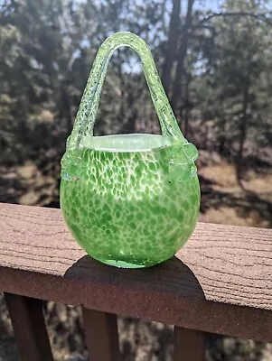Buy Vintage Art Glass Hand Blown Purse Cased Vase Green Crystal Spring Planter • 23.25£