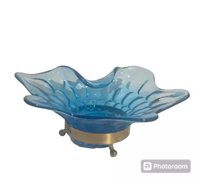 Buy Fenton Blue Ruffle Thumbprint Candy Dish Gold Stand Folded Edge • 27.03£