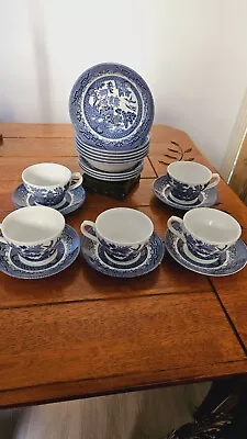 Buy VINTAGE  Churchill Blue Willow Blue And White China Teacups Saucers &Fruit Bowls • 60£