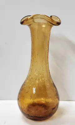 Buy Vintage Estate Amber Crackle Glass – Small Vase Ruffle Lip • 13.98£