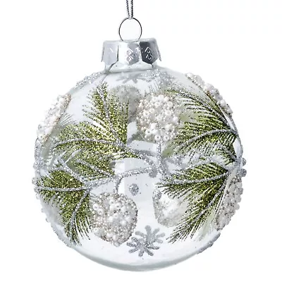 Buy Clear Glass Bauble With Green Fir & Bead Berries - Gisela Graham • 4.99£