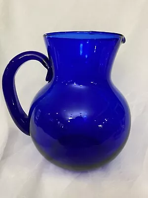 Buy Vtg Handblown Art Glass Cobalt Blue Pitcher Jug MCM Vase 6.75” Applied Handle • 13.97£