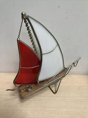 Buy Vintage Stained Glass & Metal 5” Tall Sailboat Sculpture Ornament • 14£