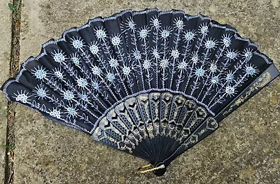 Buy Silver & Black Peacock Style Ladies Folding Hand Summer Decorative Fan UK Seller • 3.95£