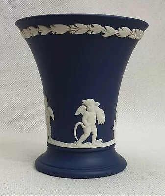 Buy VINTAGE Wedgwood Portland Blue Jasperware Trumpet Vase Excellent Condition • 14.95£