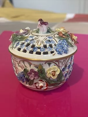 Buy Antique Dresden Carl Thieme Applied Flowers Porcelain Reticulated Box With Lid • 185£