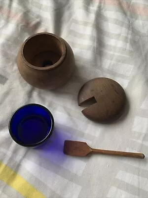 Buy Vintage Wooden Blue Glass Mustard Pot With Spoon And Lid  • 3£