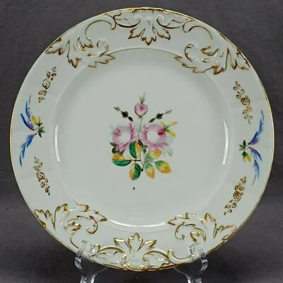 Buy Haviland Limoges Hand Painted Pink Rose Blue Floral & Gold Plate C.1850-1865 B • 60.58£