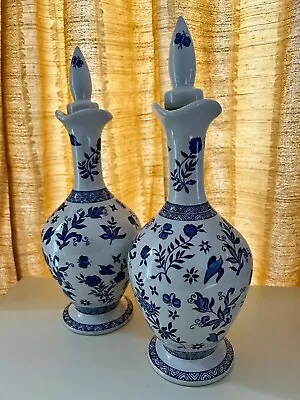 Buy Pair Of Coalport Blue & White Porcelain Decanters • 36£