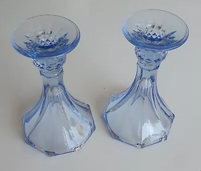 Buy Pair Of Art Deco Blue Glass Candlesticks. • 18£