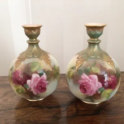 Buy Antique 1918 Fine Pair Of Royal Worcester Roses Vases, Signed E.M. Fildes 13cm • 395£