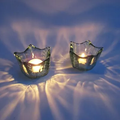 Buy Pair Of Retro Vintage Green Recycled Glass Tealight Holders (Candle Shabby Chic) • 25£