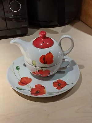 Buy Tea For One, Teapot, Cup And Plate Set White With Red Poppy Decoration • 12£