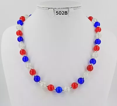 Buy Patriotic Red White Blue Glass Crackle Bead Necklace Great Britain King Charles • 4.50£