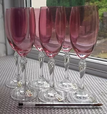 Buy 6 Vintage Small Champagne Flutes Pink Bohemia Crystal Glass LRE Slovakia 17x5cm • 34.99£