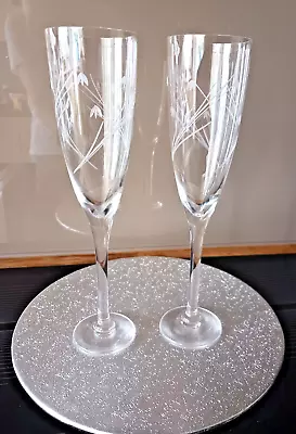 Buy A Pair Of Fine Etched Cut Glass Tall Champagne Flutes 25cm X 6cm • 12£