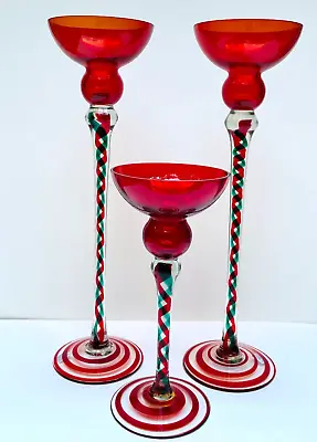 Buy 3 Tall Red Green Clear Handblown Polish Crystal Art Glass Candle Stick Holders • 163.09£
