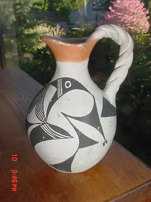 Buy Old Acoma Pueblo Indian Pottery Pitcher With Twisted Handle Bird Design • 45.66£