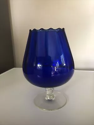 Buy Cobalt Blue Oversized Optic Brandy Glass Twisted Clear Stem Vintage Empoli Italy • 8.99£