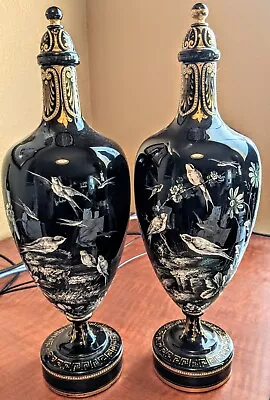 Buy Pair Harrach Bohemian Hand Painted Black Amethyst Glass Urns Vases Signed  14  • 372.77£